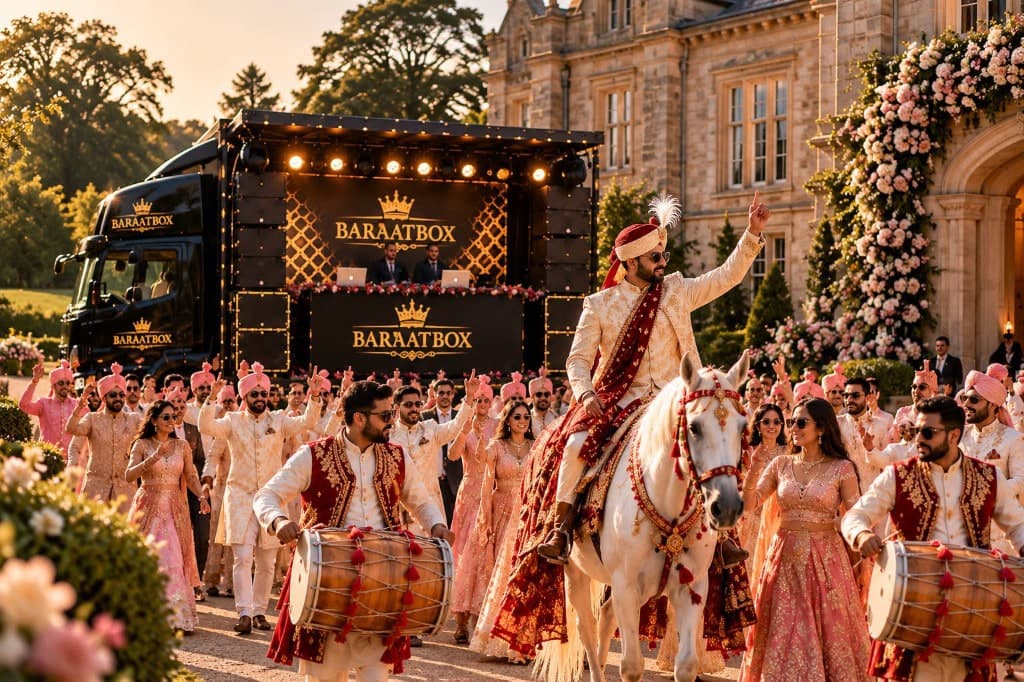 Groom on a white horse with dhol players and guests dancing in front of the Baraat Box stage in daylight