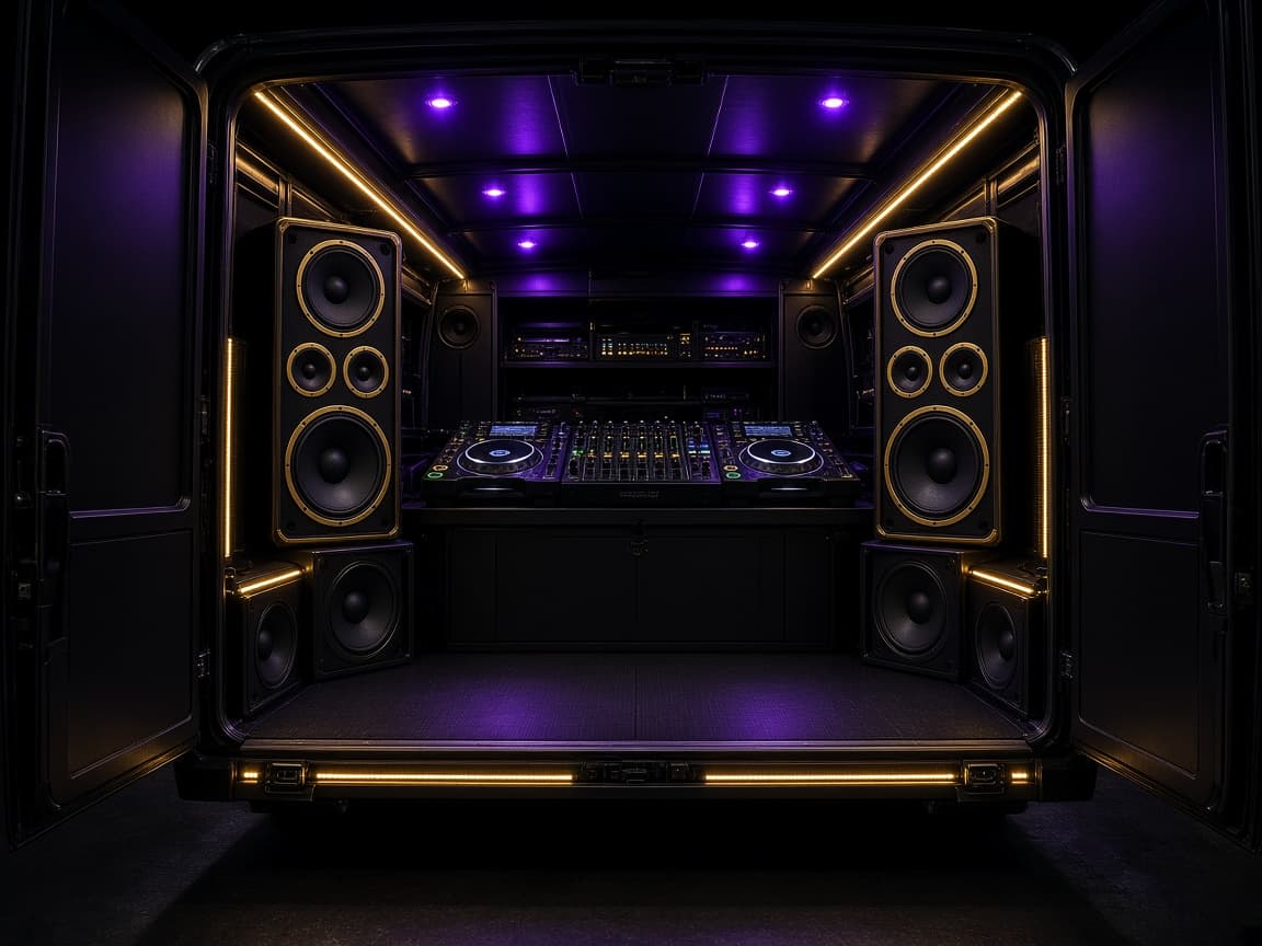 DJ cabin with gold-edged speakers